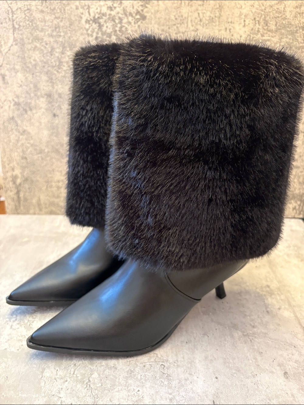Bamboo Black Pointed Toe faux-Fur-Trim Heeled Boots size 7.5 NWT brand new